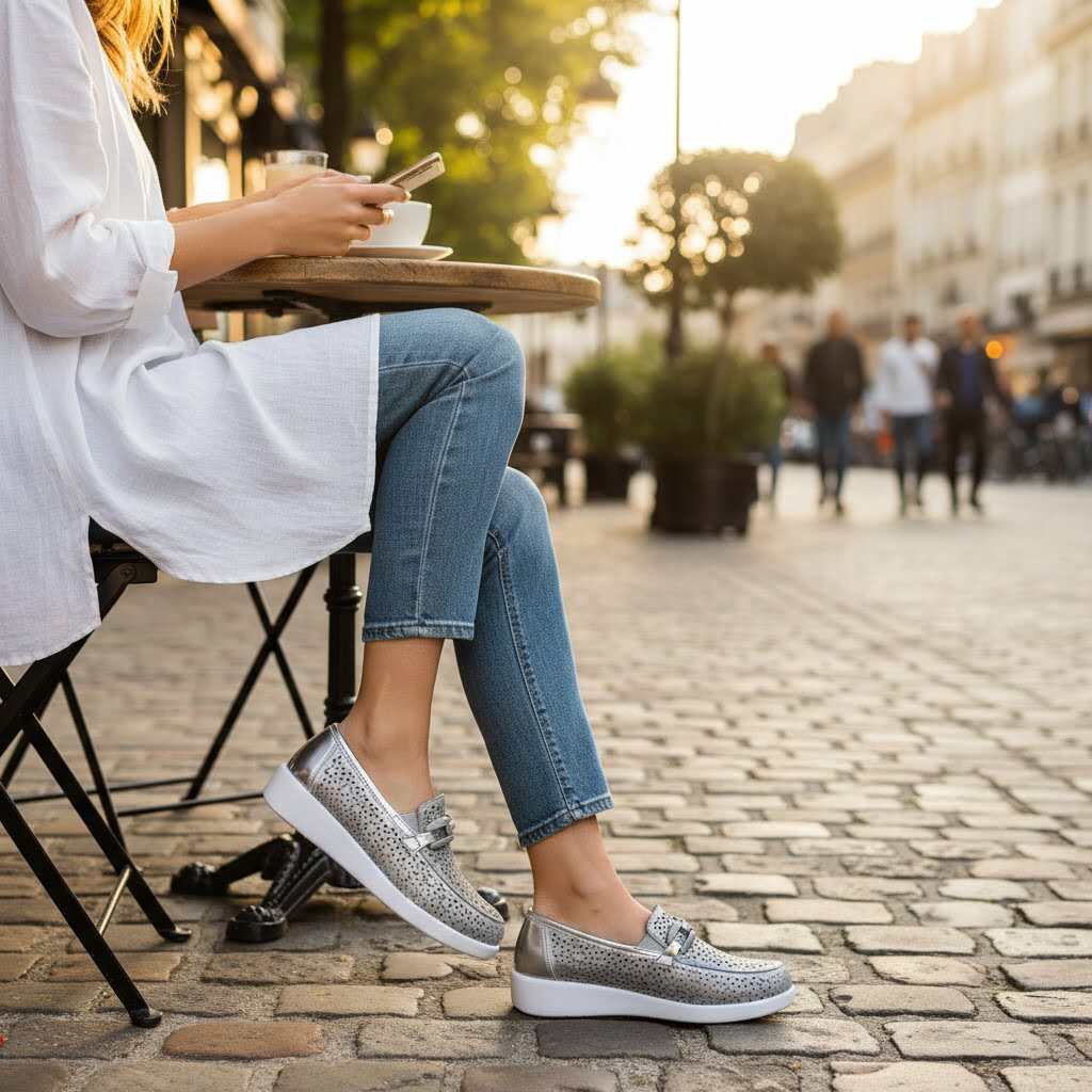 Mocasines perforados plateados para mujer de Calzados Lucía con detalles cortados con láser y adorno de cadena. Suela blanca cómoda y ligera.