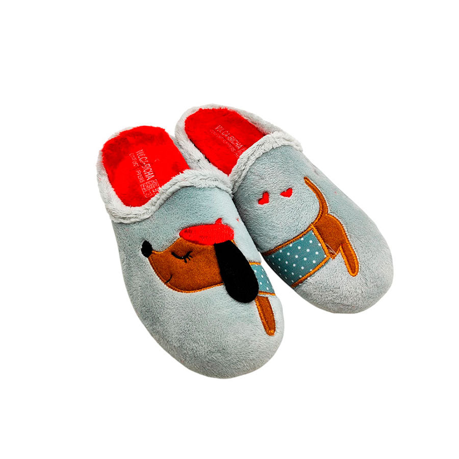 Zapatilla de casa para chica con bordado de perro salchicha