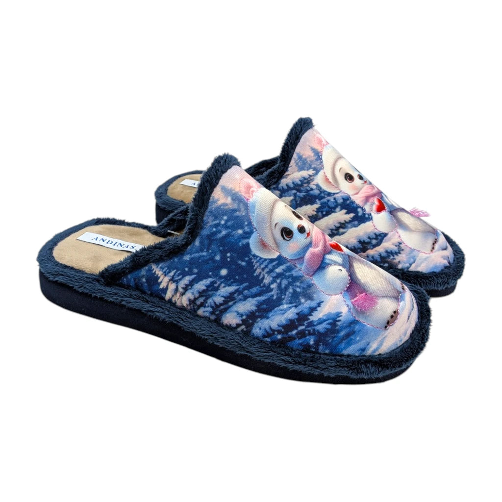 Zapatillas de casa azules Blanditas Andinas con diseño de oso polar y bufanda