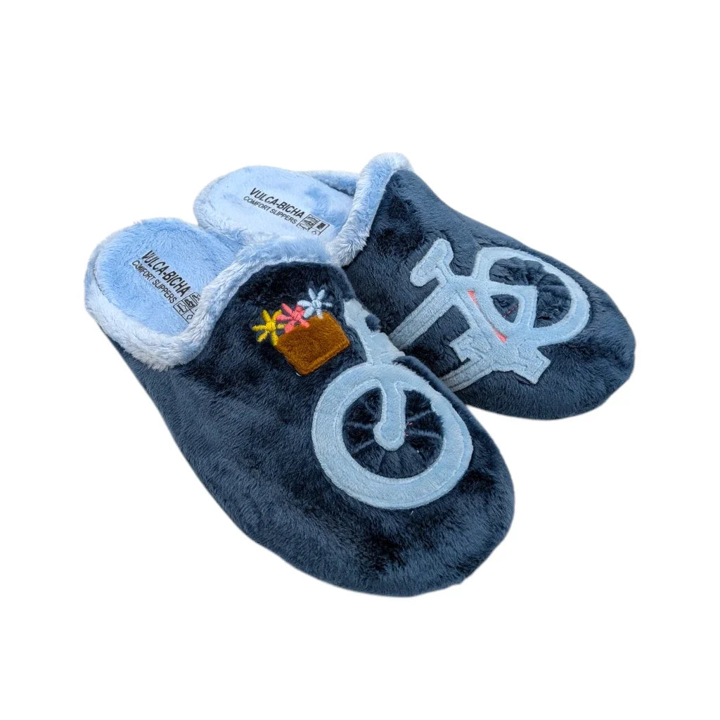 Zapatillas de casa Vulca Bicha 4344 de color azul marino con diseño de bicicleta y flores.
