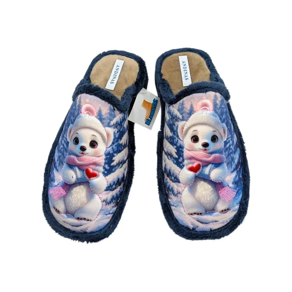 Borde de peluche suave azul y plantilla mullida de las zapatillas de casa Blanditas