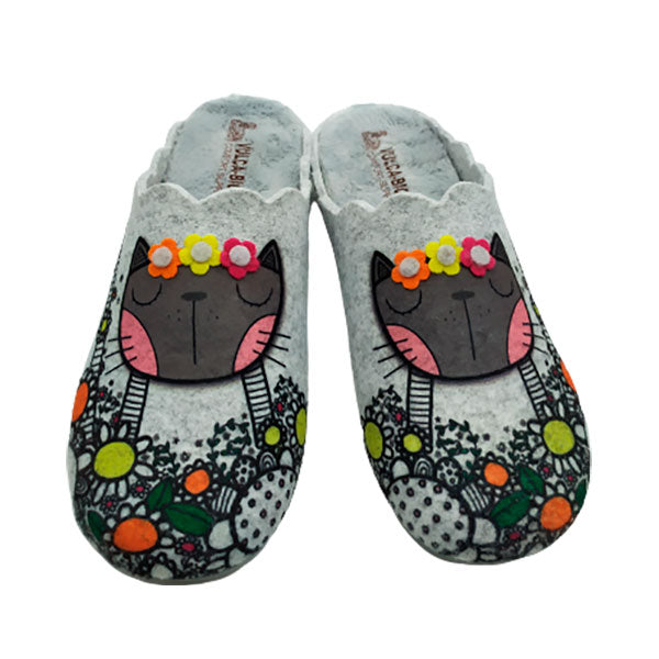 Chinela de fieltro con estampación de gatita V-B