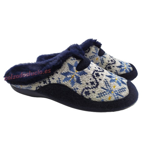 Zapatilla de casa en lana para mujer en azul Garzón