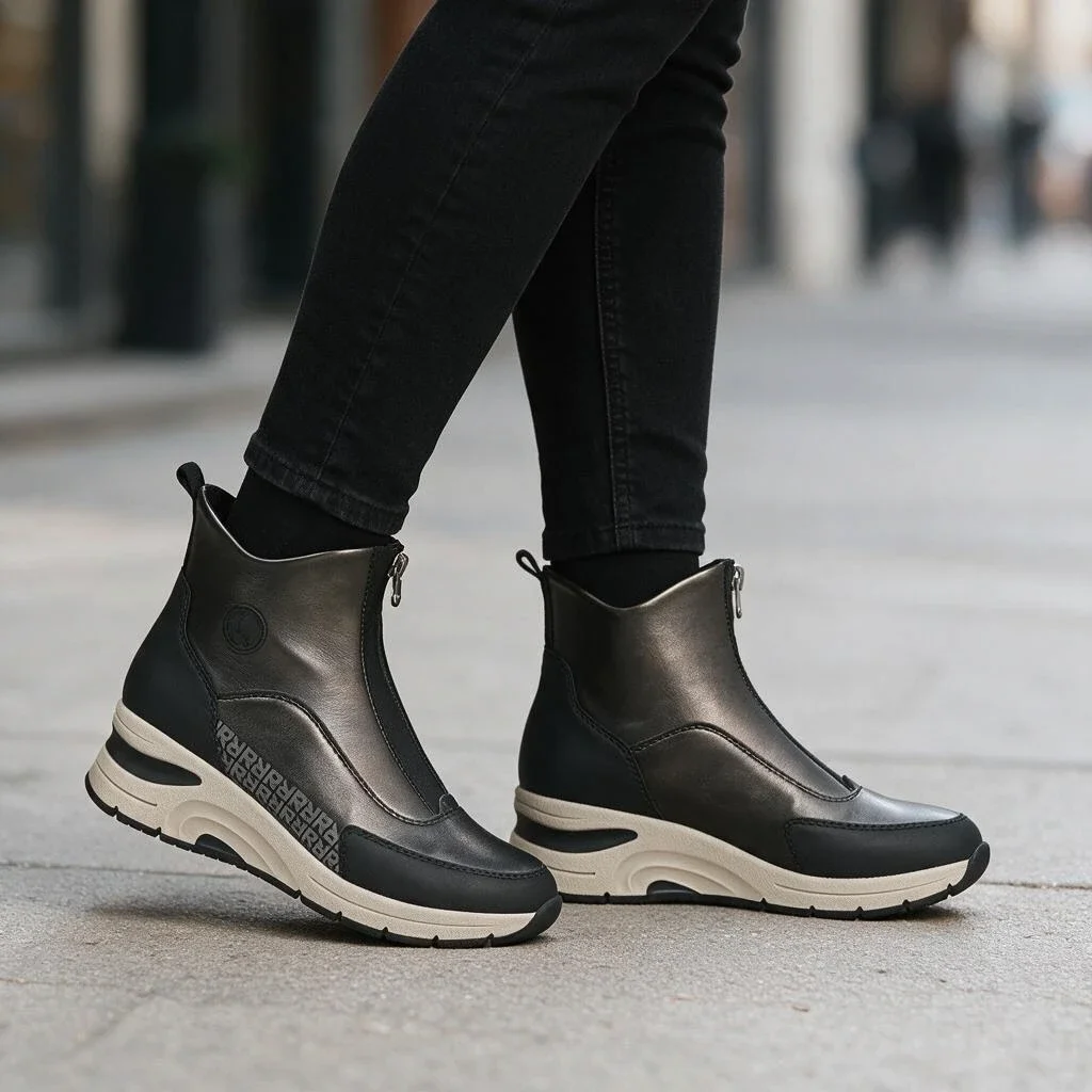 Modelo en la calle con botines Rieker de plataforma N9381