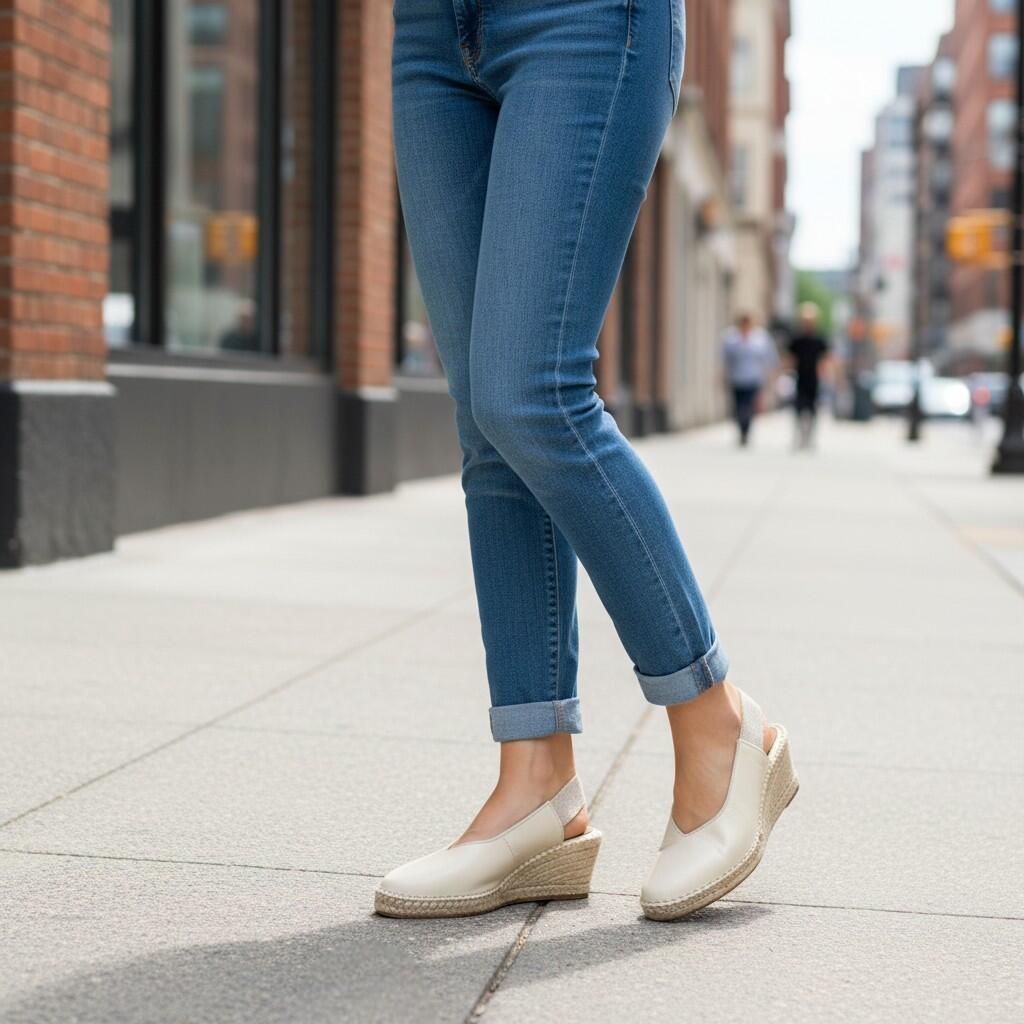 Chica luciendo una sandalia de cuña de cáñamo en color marfil.