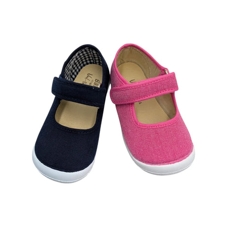 Lona barefoot con puntera de goma para niña, marca Vulpeques, en fucsia y marino.
