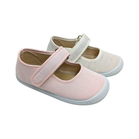 Merceditas respetuosas Vulpeques en color rosa y beige de lona vista lateral.