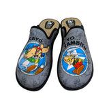 Zapatillas de casa para hombre marca Salvi Confort con licencia oficial de Astérix y Obélix en color gris. El par muestra un diseño divertido que se completa entre ambos pies con la frase: "Roma cayó... ¡y yo también!", con ilustraciones a color de los personajes.