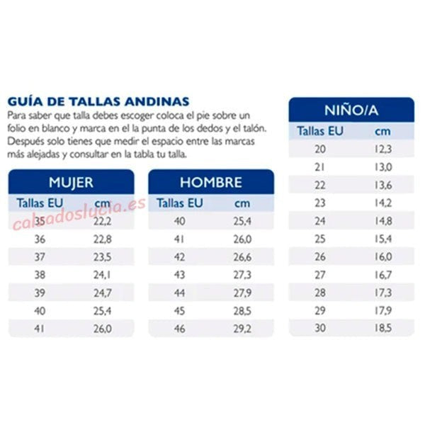 Tabla de medidas de la zapatilla de rizo Andinas 530 mujer