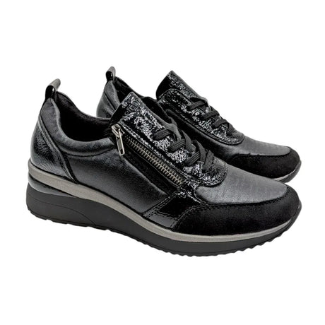 Zapatillas Remonte D2401-06 negras de mujer con cuña y cremallera lateral