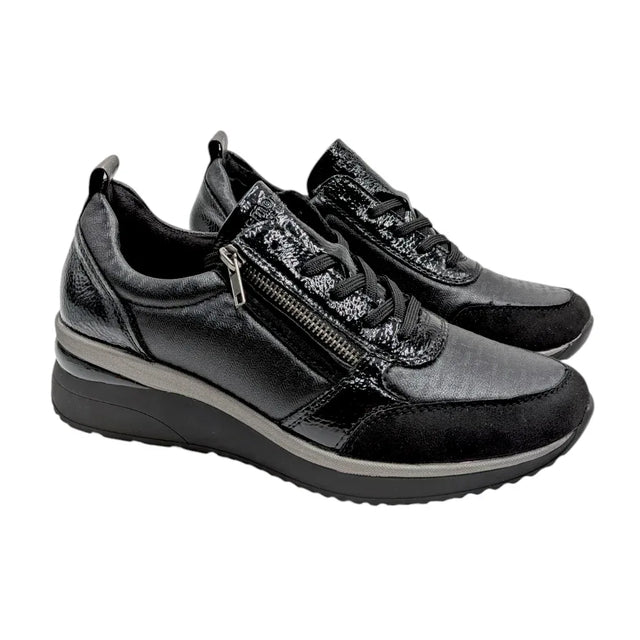 Zapatillas Remonte D2401-06 negras de mujer con cuña y cremallera lateral