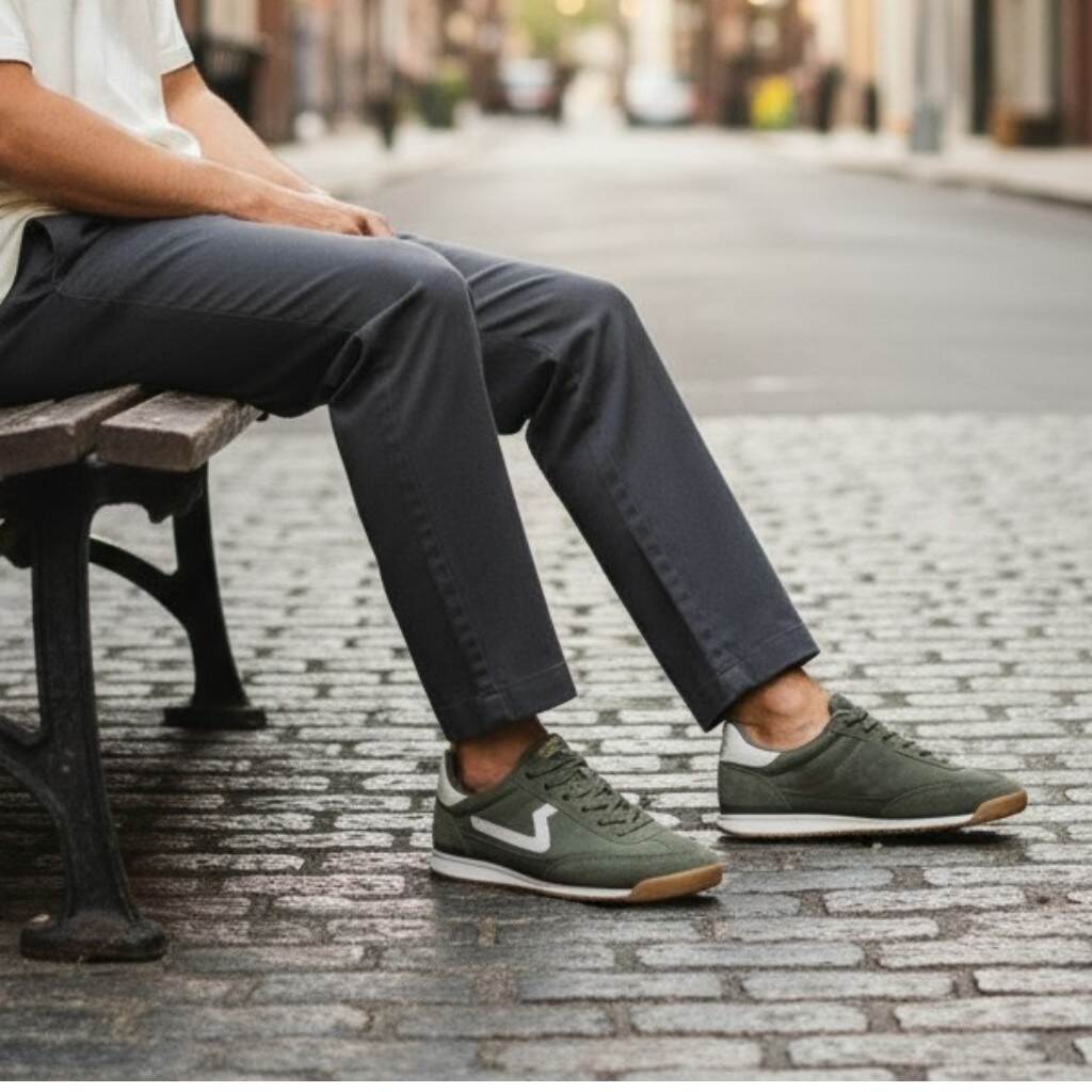 Chico sentado, con unas zapatillas Gaibiel en color kaki