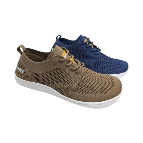Zapatillas barefoot de hombre Paredes modelo Albires en color kaki y azul marino, fabricadas en tejido de malla transpirable.