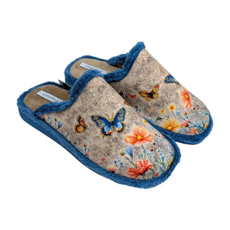 Zapatillas de casa destalonadas para mujer Andinas con estampado de mariposas y flores en azul y beig