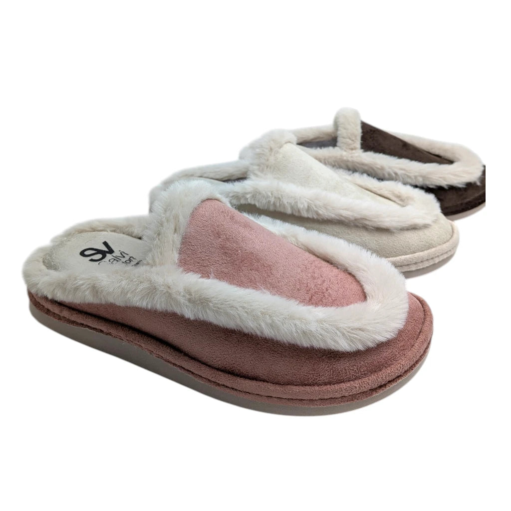 Zapatillas de casa destalonadas para mujer con peluche en varios colores (beis, rosa y marrón).
