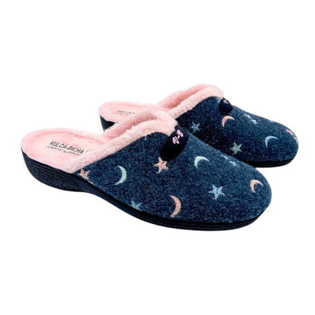 Vista lateral de la zapatilla de paño abrigado y cuña de la marca Vulca-Bicha ancho especial