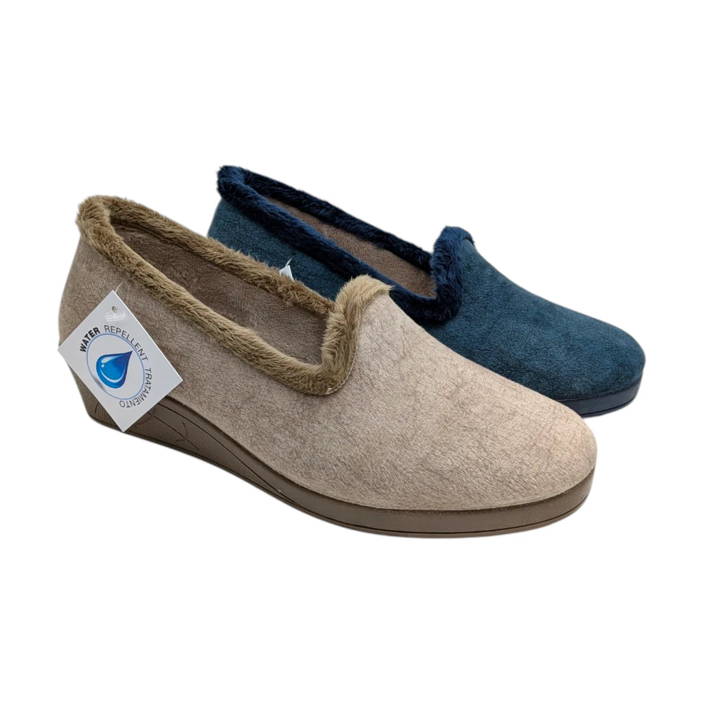 Zapatillas de estar por casa con cuña para mujer Andinas 9881 en color beige y azul marino