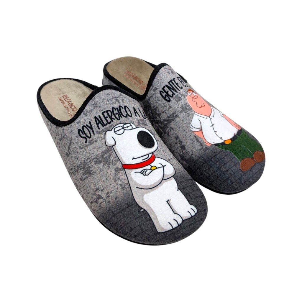 Zapatillas de casa destalonadas grises con dibujo cómico y frase "Soy alérgico a la gente estúpida"