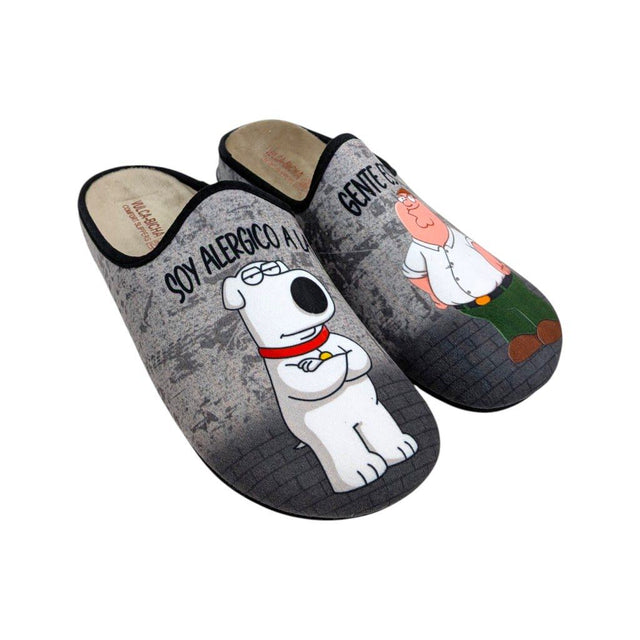 Zapatillas de casa destalonadas grises con dibujo cómico y frase "Soy alérgico a la gente estúpida"