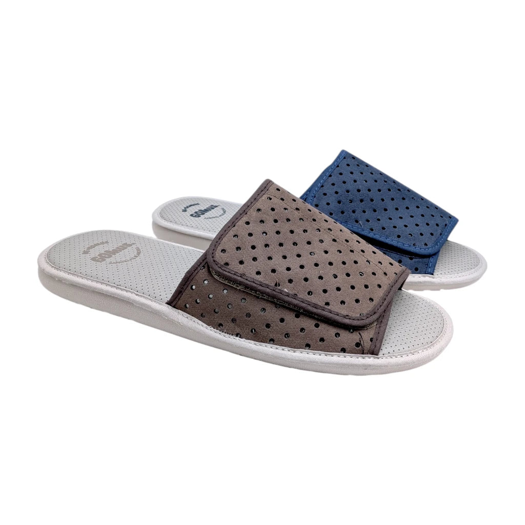 Zapatillas de casa abiertas con velcro ajustable en color marrón y azul vista lateral.