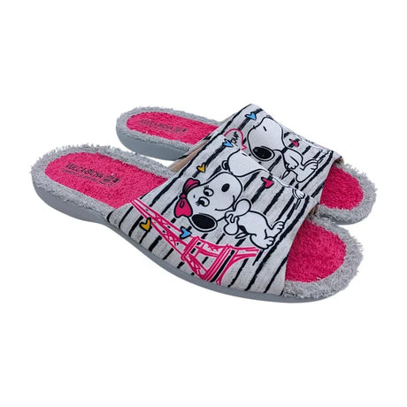 Zapatillas de casa abiertas para mujer marca Vulca-Bicha con dibujo de perrito y rayas blancas y negras