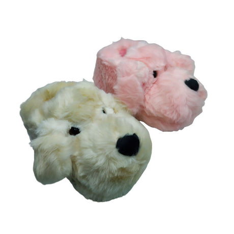 Zapatilla peluche de perro en rosa y beig